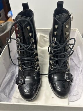 Balenciaga Black Glossy Spiked Heel Moto Ankle Boots 38 1/2